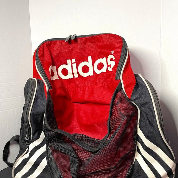 Vintage Adidas Black/RED Backpack Classic 3 Stripe Tech With Mesh Pockets